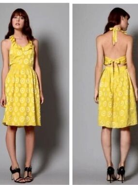 Yellow Tie Back Halter Midi Dress with Metallic Circle Detail size 4 SILK